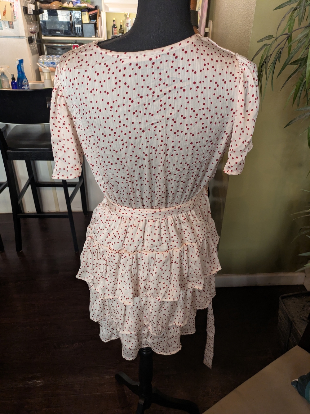 Cream And Red Short Sleeve Polka Dot Dress. - Picture 3 of 4